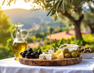 Board of cheese, olives, grapes, and oil sit on white table with soft focus green hills and tree branches