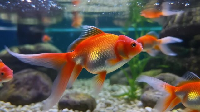3D animation of an exotic redhead Oranda goldfish swimming gracefully in a brightly lit aqua