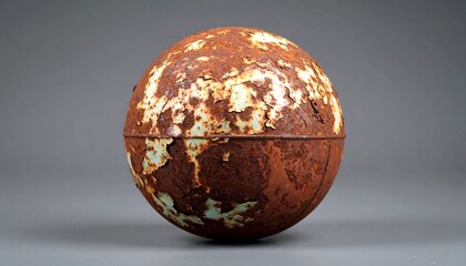 A close-up studio shot presents a deteriorated sphere with flaking, rusted metal, showing signs of time. The orb rests on a seamless grey backdrop