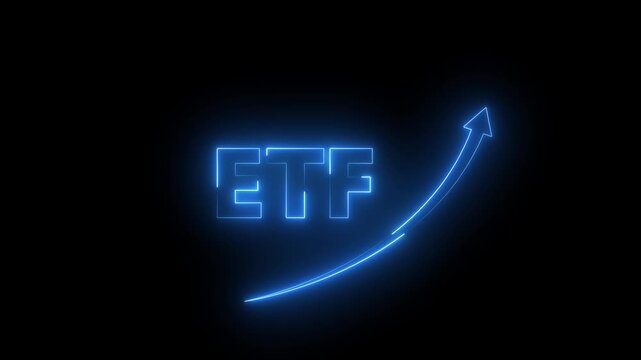 glowing ETF arrow curves upward on a tablet inside a dim trading office. Concept of electronic fund investment growth neon animation.
