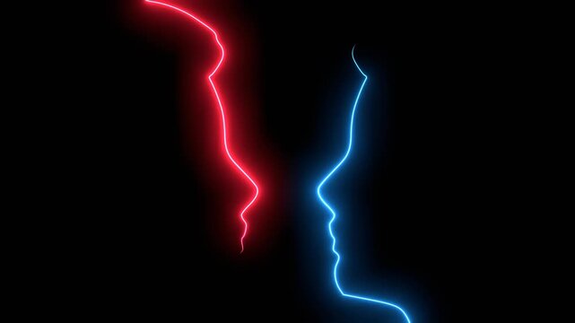 Silhouettes of two head. Optical illusion. Human head make silhouette of goblet. Neon glowing.