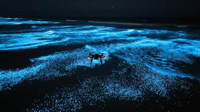 Bioluminescent Beach Drone Footage - A Nighttime Spectacle of Glowing Waves.