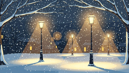 Obraz premium Snowy night scene with illuminated street lamps and houses in the background