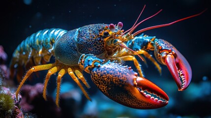 Vibrant lobster in a dark aquarium