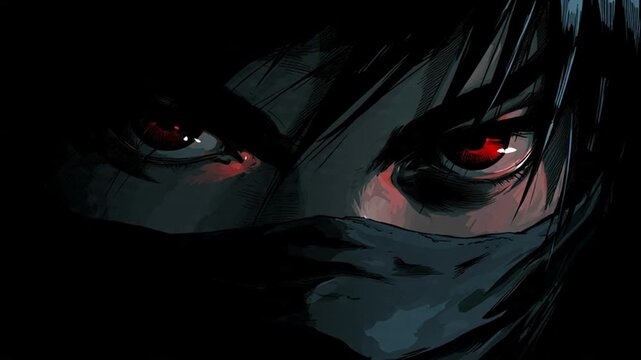 mysterious anime eyes, red eyes, face partially hidden