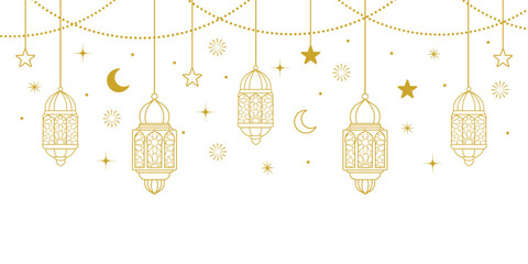 Ramadan Kareem arabic traditional lantern hanging line art with stars and crescent moon for greeting card or poster design banner decoration