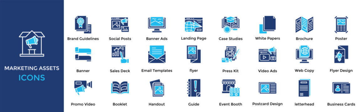 Marketing Assets icon collection set. Containing Brand Guidelines, Social Posts, Banner Ads, Landing Page, Case Studies