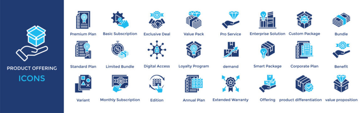 product offering icon collection set. Containing  Premium Plan, Basic Subscription, Exclusive Deal, Value Pack, Pro Service