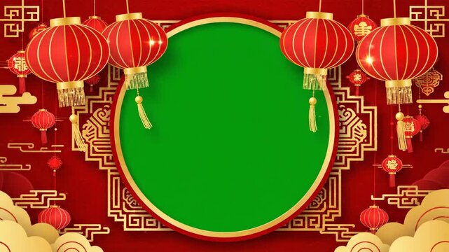 Festive red and gold chinese new year 2026 background template featuring traditional lanterns and a central green screen chroma key area for the year of the fire horse.