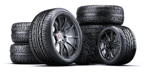 Stacked car tires with rims, showing different treads, isolated on white