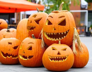Group of carved orange gourds, each with expressive faces, sit outdoors, potentially for a seasonal celebration