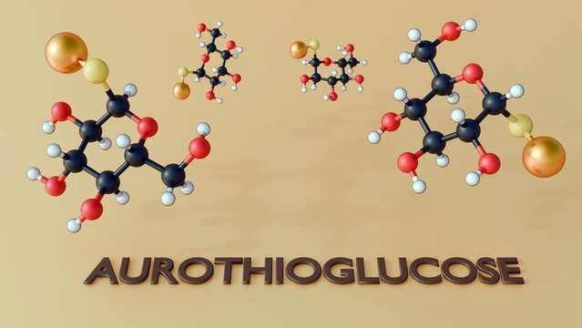 3D model of Aurothioglucose, a "gold salt" once used for rheumatoid arthritis. It features a glucose ring bonded to a sulfur atom and a large gold atom.