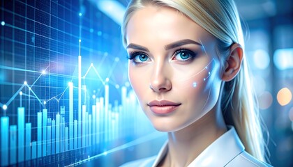 A striking blonde woman in a professional setting, framed with glowing digital financial charts in the background