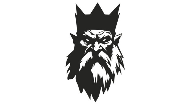 Mythical crowned king or fantasy dwarf character with a long beard and pointy ears, a powerful male portrait illustration
