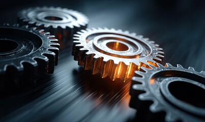 Four metal gears interlocking, with one glowing, in a mechanical arrangement