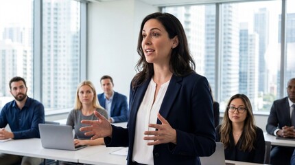 Confident businesswoman giving presentation to colleagues in modern glass office with city skyline views, professional tone and engaged audience
