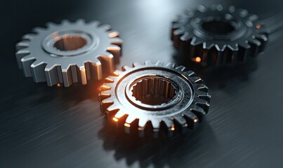 Three metallic gears illuminated on a dark, brushed metallic surface