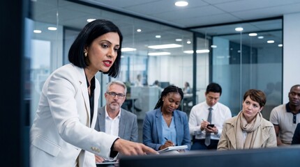 Fototapeta premium Confident businesswoman giving presentation to diverse team in modern glass office, engaging colleagues with clear communication and focused collaboration