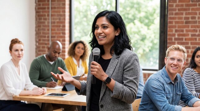 Confident woman speaking into microphone during professional workshop with diverse attendees listening and taking notes, conveying engagement and collaborative learning