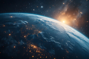 Obraz premium space view, with earth with small pieces of stars, whole bunch of planets. make it look really incredible. For windows wallpaper, wide-angle shot, sci-fi