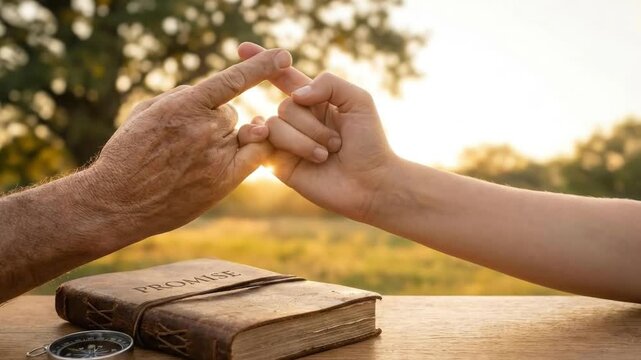 A poignant close-up captures an elder's hand and a younger hand forming a 'pinky promise' gesture, symbolizing trust and enduring commitment across generations. The scene is bathed in the warm, gentle