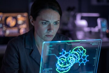 Female scientist analyzing molecular data on a holographic screen in a dark laboratory
