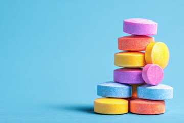 Stack of colorful, round pills isolated on blue background