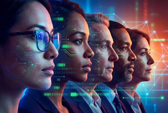 Profile of diverse professional team with neon circuit lines and binary code for smart technology - Powered by Adobe