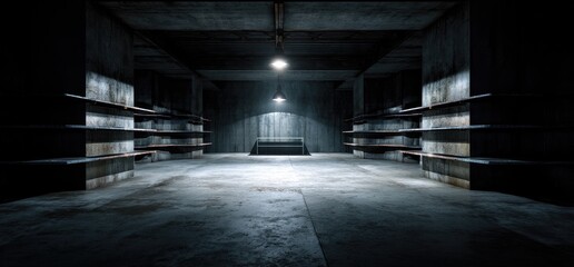 Dimly lit concrete room with empty shelves and a spotlight