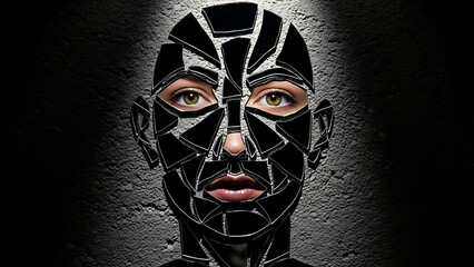 fragmented identity conveyed through a shattered black mirror-like human face against a dark textured wall symbolizing mental health and digital self.