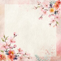 Floral frame with watercolor cherry blossoms, pink and coral hues