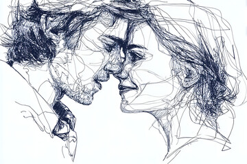 Fototapeta premium Portrait of happy сouple in continuous line art drawing style. Man in love put his arms around girlfriend. Love and friendship black linear sketch isolated on white background. Vector illustration