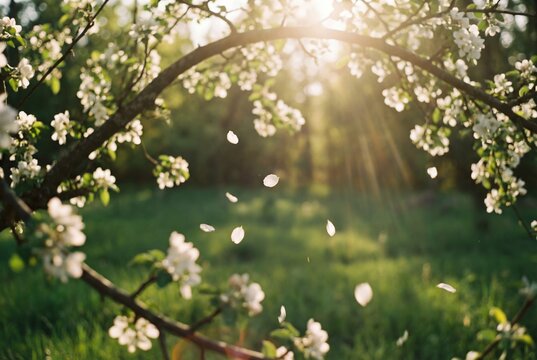 Spring apple blossoms and falling white petals in a sunny orchard with lush green grass background