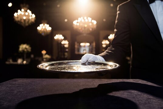 Waiter hand in white glove holding silver tray in luxury restaurant with chandeliers