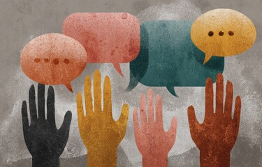 Raised hands with textured speech bubbles on mottled, neutral background