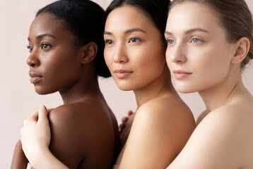 Three beautiful diverse women with glowing skin standing in a row side profile for skincare