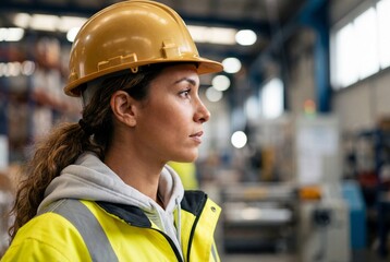 Focused female industrial worker in yellow hard hat and safety vest looking ahead in factory