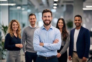 Confident bearded manager with arms crossed posing with diverse team in a modern corporate office