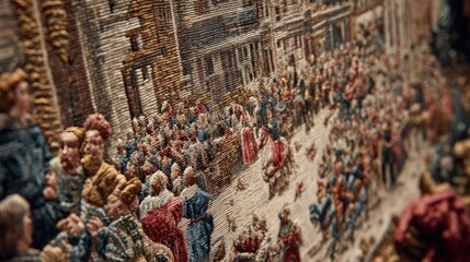 Medieval tapestry depicting crowded town scene