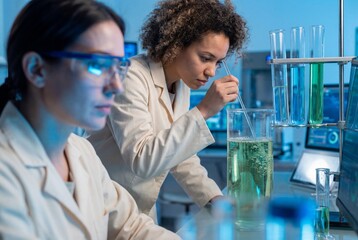 Diverse female scientists conducting experiments with glassware in a modern research facility