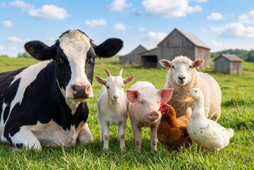 Diverse group of farm animals standing together in a sunny green pasture with barns in the background