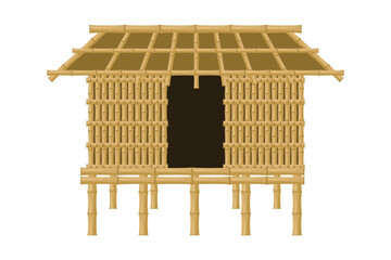 Vector illustration of a traditional bamboo house on stilts with woven bamboo walls and bamboo roof. Isolated on white background.