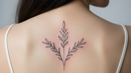 back view of a young woman with minimal line tattoos on neck and arm, hands touching hair, clean studio background, modern feminine lifestyle concept, natural skin tone, elegant composition, contempor