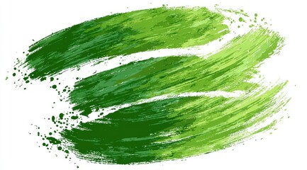 Green paint streaks with splatters, brushstrokes on white background