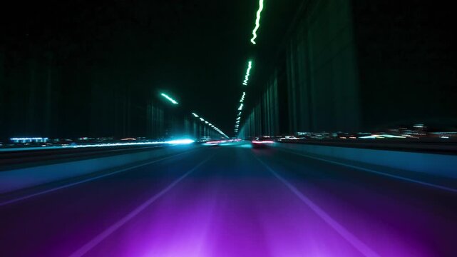 Nighttime Drive Through Illuminated Road Lights With Motion Blur Effects. Hyperlapse Road Trip. Driving Along a Highway at Night Featuring Bright Streetlights Overhead and Motion Blur Effects