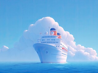Dreamy ocean liner sailing into fluffy, stylized clouds under a bright blue sky