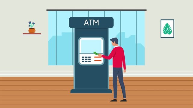 Animated video of a man withdrawing cash from a bank ATM. Banking activity concept. Full length animation illustration. High quality&nbsp;4k&nbsp;footage