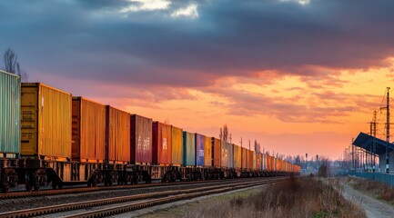 Freight train with stacked containers against a vibrant sunset sky