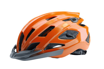 Fototapeta premium Orange bicycle helmet with gray visor and black mesh vents bike cycling, Png On White Background, Isolated on Transparent Background, Cut Out