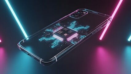 A futuristic transparent smartphone floating in mid-air